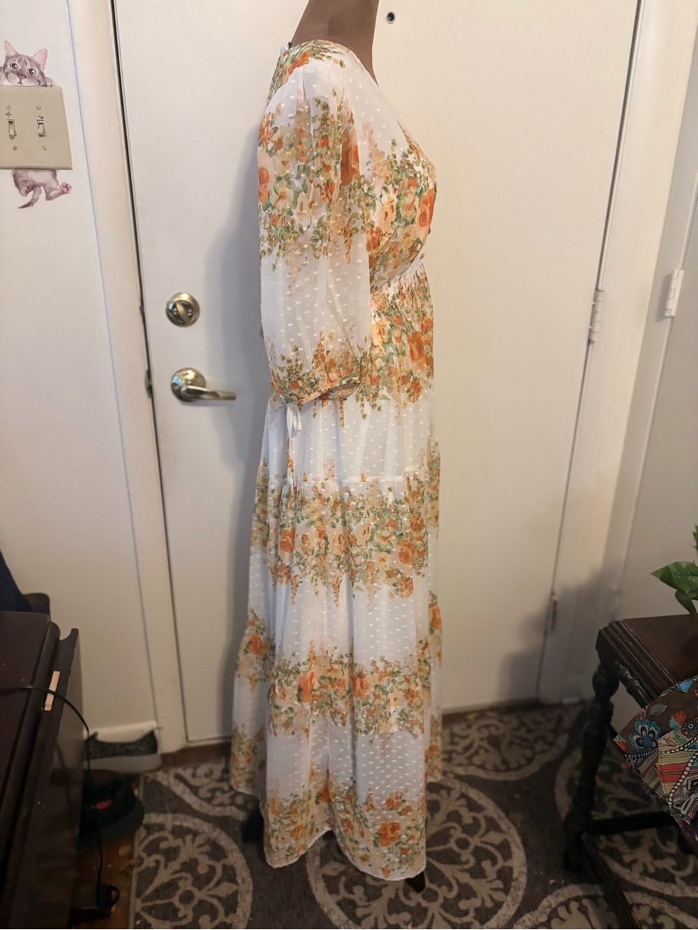 Melonie Women Sz 12 Floral buttoned smocked tie balloon sleeve V-Neck Maxi Dress - Picture 6 of 12